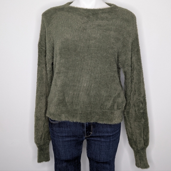 Express Green Feather Eyelash Fuzzy Long Sleeve Sweater XS - Picture 1 of 9